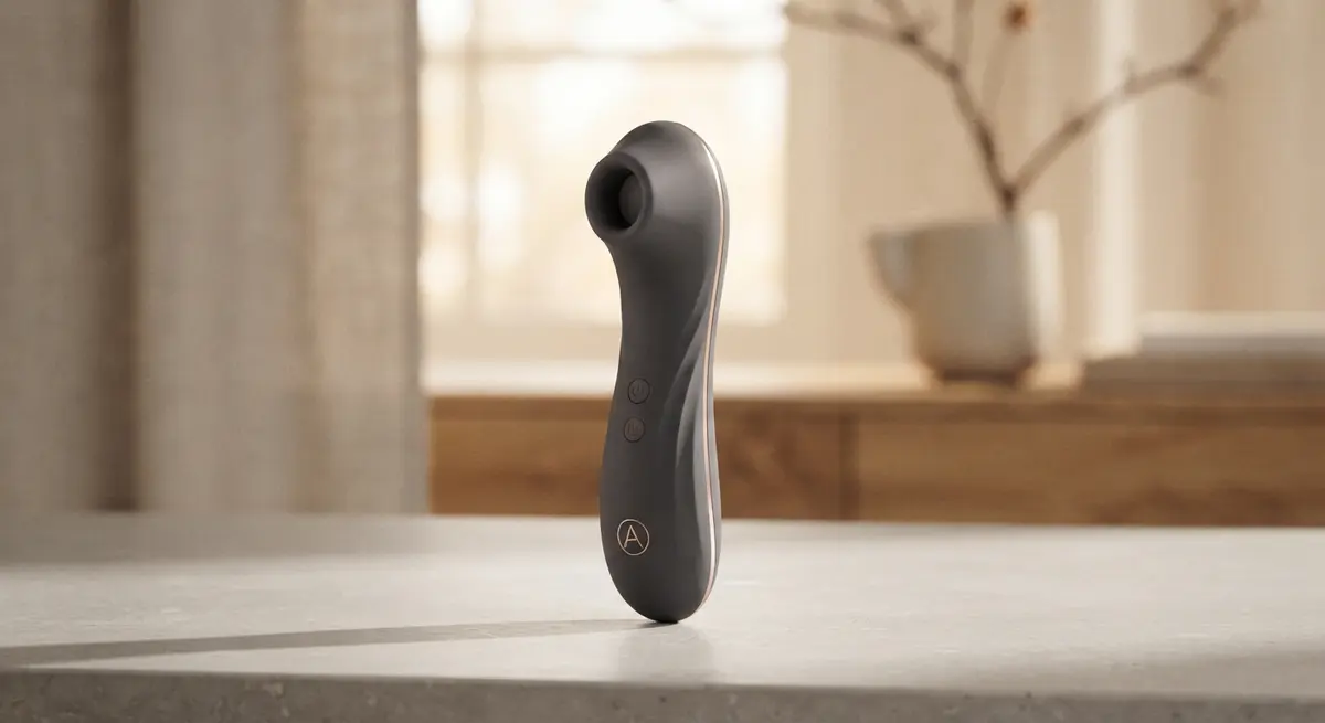 Chiếc thiết bị kích thích sóng âm cao cấp chất liệu silicone cao cấp đặt cạnh ly